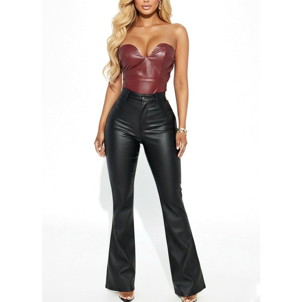 Women 1 Black Faux PU High Waist Straight Leg Leather Leggings Bell Bottom Pants - Picture 2 of 6